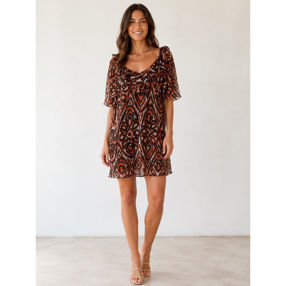 Milly of New York Silk Ikat Ruffle Flutter Sleeve Tunic Dress Orange Size 8